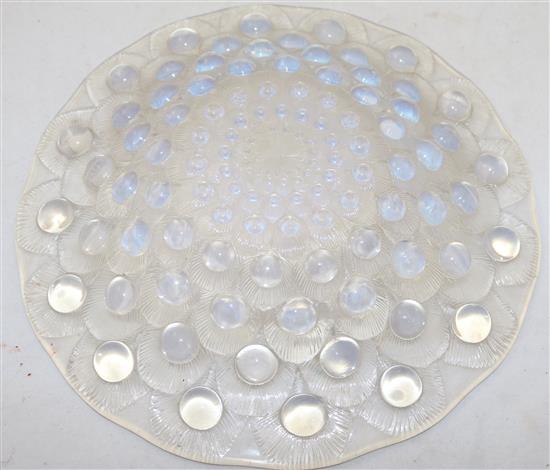 A René Lalique Plumes de Paon pattern opalescent glass dish, diameter 30.5cm